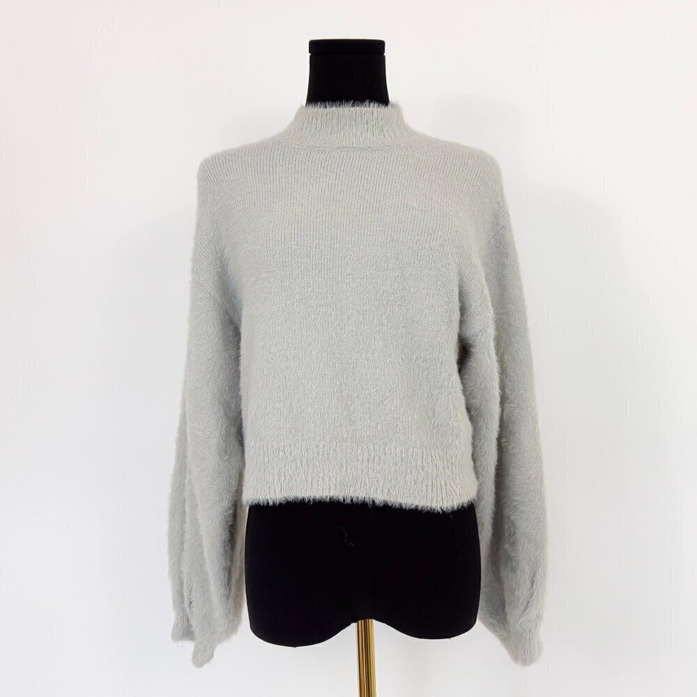 HELLO HEART GREY BALLOON SLEEVE FURRY SWEATER SIZE SMALL